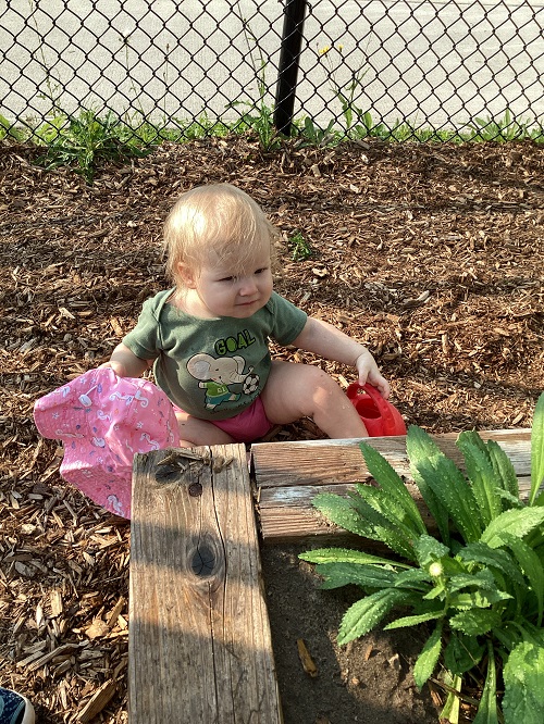 An infant child looking at the garden