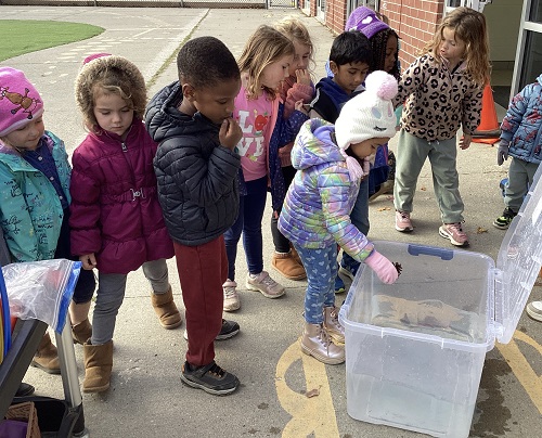 child placing an item into a large clear bucket of water