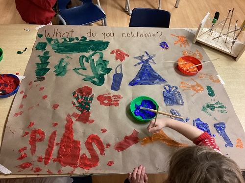 painting on large brown sheet of paper