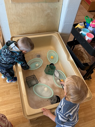 Toddlers working alongside each other in the sensory table