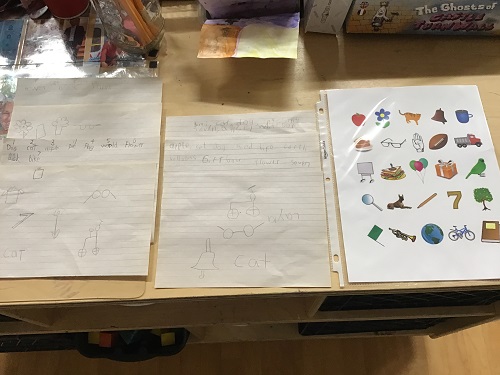 Paper with 25 small pictures and half lined paper with words and drawings