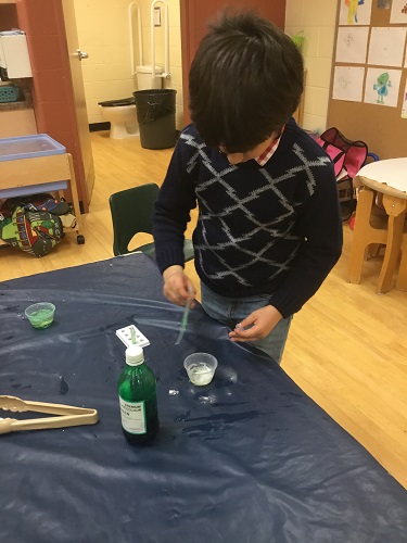school-age child mixing natural items in experiment 