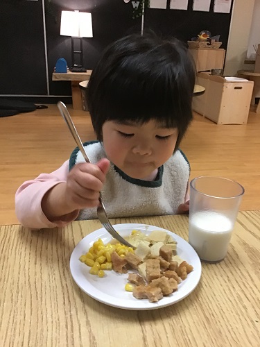 Toddler child eating strove Tuesday meal