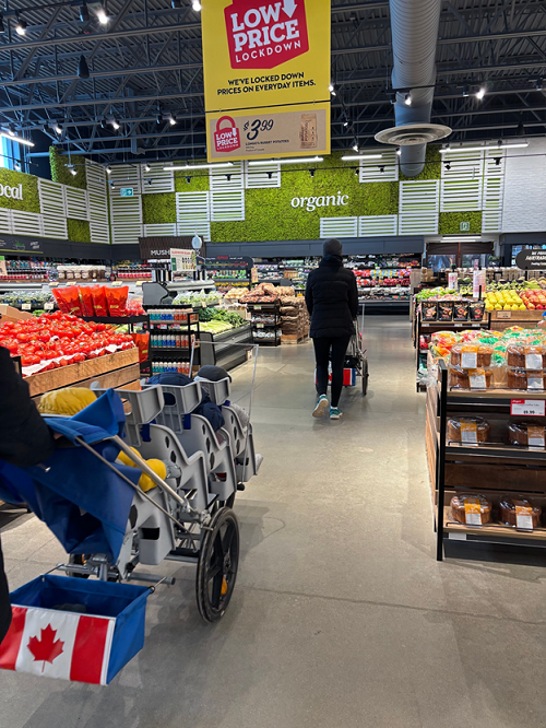 The infant program walking through the produce section of a grocery store.