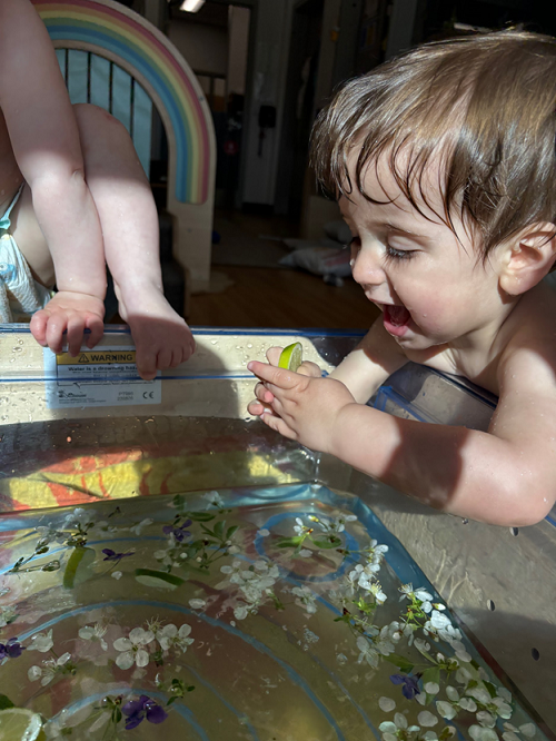 A child squeezing a slice of lime with excitement.