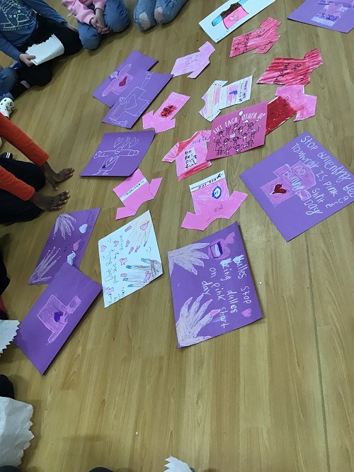 Children's art work inspired by Pink Shirt Day.