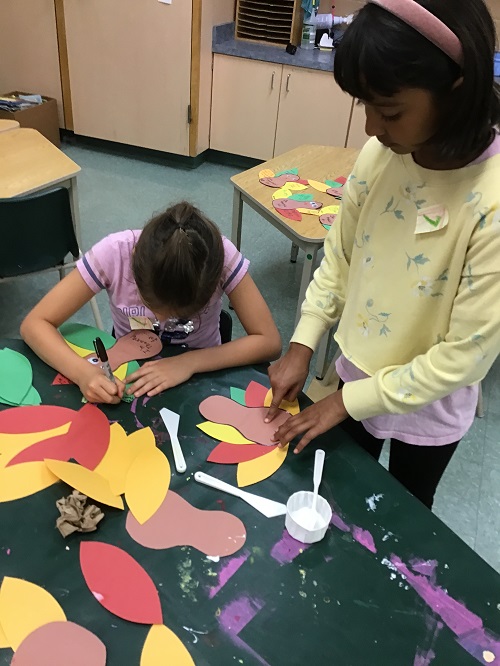 Children creating paper turkeys.