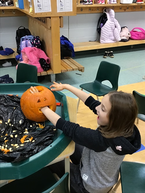 Child sticking their hand inside of a carved pumpkin.