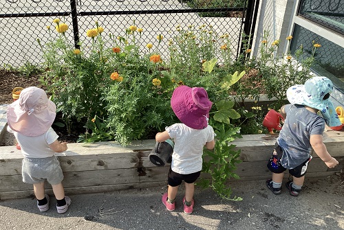 Infant children watering the garden
