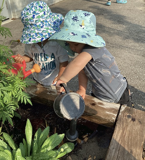 Infant children watering the garden