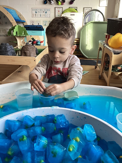 A preschool child using a pipette inside a cup with blue water