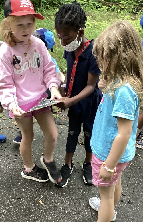 Summer camp children looking at a scavenger hunt