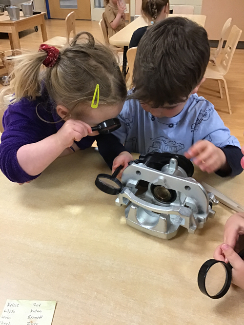 children using magnify glasses to investigate a 
